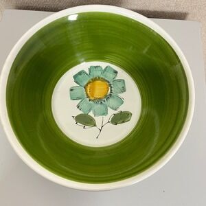 Rossini Ironstone Serving Bowl Vintage Avocado Green  Blue Flower‎ Japan 1970's